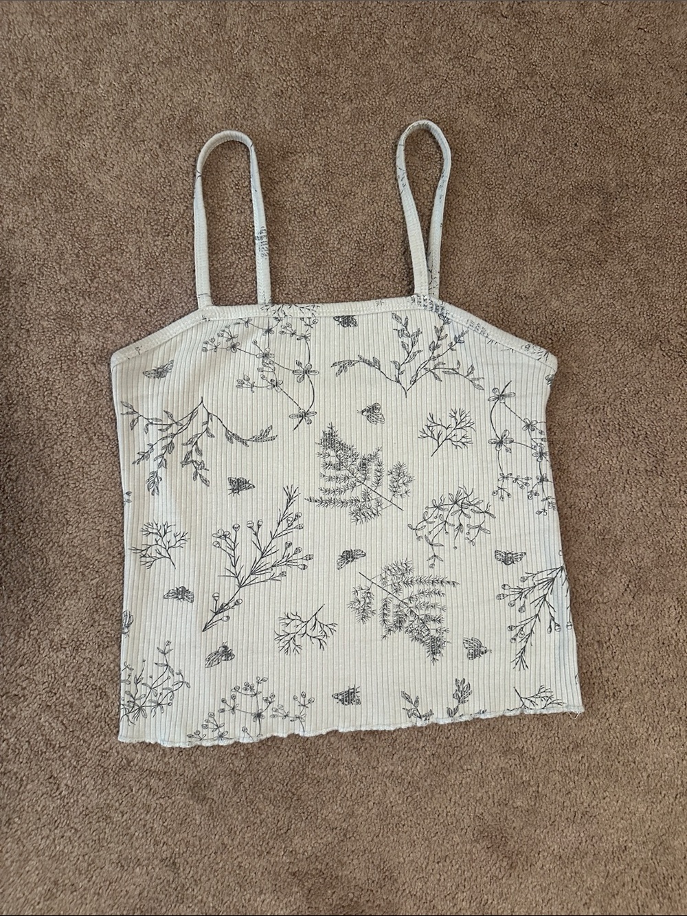 Floral Ribbed Spaghetti Strap Tank Top - Cream/Black